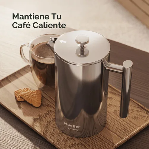 Miniatura 6 de Prensa francesa de doble pared, de acero inoxidable, con acabado de espejo (34 oz) 20% más resistente para café/té: Sistema multipantalla 100% sin