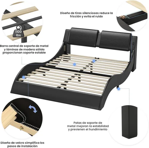 Miniatura 8 de DICTAC - Marco de cama Queen con luces LED y puertos de carga, cama moderna tapizada tamaño Queen con cabecera, marco de cama de plataforma