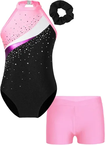 Kids Girls Ballet Dance Outfits Shiny Sleeveless Gymnastic Leotard with Athletic Shorts Hair Band Tracksuit