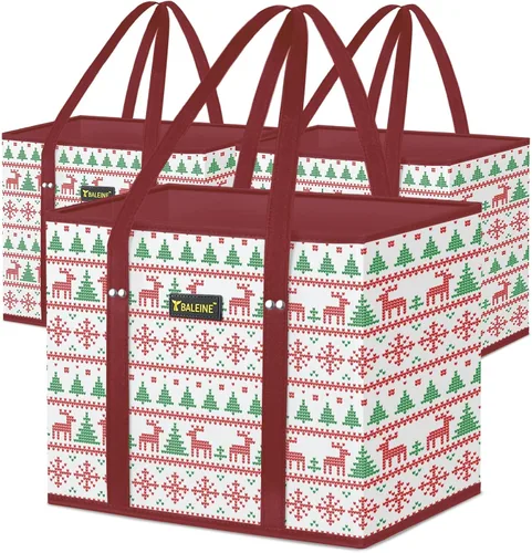 Miniatura 24 de BALEINE Paquete de 3 bolsas de comestibles reutilizables, bolsas de compras plegables para comestibles con parte inferior reforzada y asas