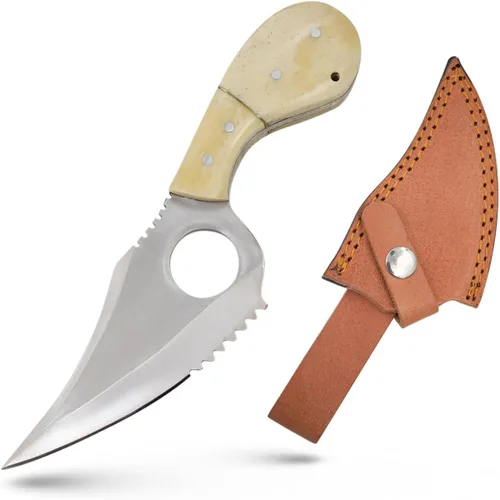 Miniatura 9 de Cuchillo desollador de hoja fija hecho a mano, 7.25 pulgadas en total, 4.25 pulgadas de acero inoxidable media hoja dentada, mango de resina, con bp