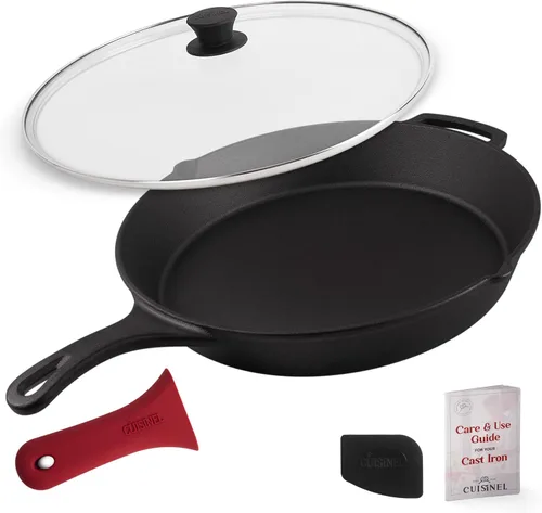 Miniatura 8 de Cuisinel Sartén de hierro fundido de 15" + tapa de vidrio + raspador de sartén negro + cubierta de agarre de mango de silicona - Utensilios