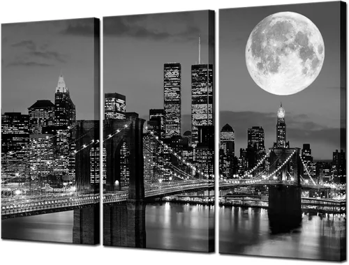 Biuteawal Arte de pared de horizonte de Nueva York, puente de Brooklyn, luna y vista nocturna, lienzo impreso en lienzo de ciudad en blanco y negro,