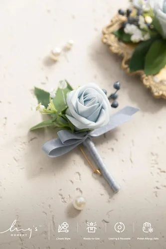 Miniatura 3 de Ling's moment Boutonniere para hombres, 2 piezas de novios, padrinos de boda, flores artificiales para bodas, bailes, regreso a casa, etc. Azul Azul