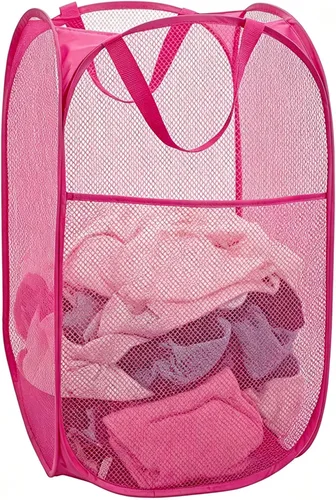 Larpur Cesta desplegable para lavandería, plegable, portátil, de malla, con asas de transporte reforzadas (rosa)