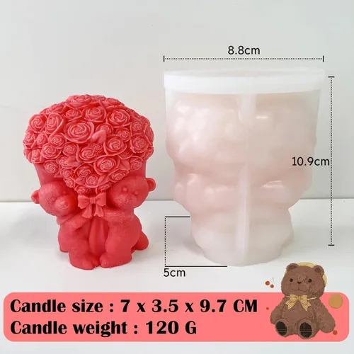 Miniatura 2 de ZAKVOOR Molde de vela con forma de oso de rosa, molde de silicona de fundición de resina para el día de San Valentín, velas de aromaterapia, cera
