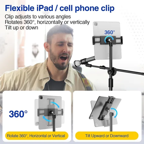 Miniatura 2 de Soporte de Micrófono Boom, Soporte de Micrófono de Piso con Soporte para Tableta y Teléfono, Trípode de Servicio Pesado Ajustable en Altura y Ángulo