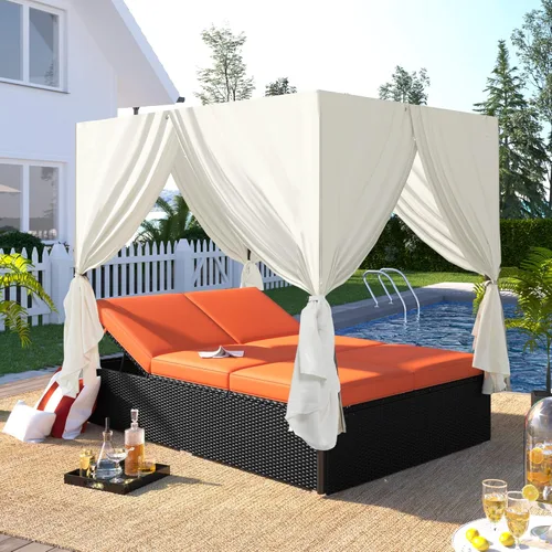 Miniatura 12 de Sofá cama redondo de ratán al aire libre con toldo retráctil y mesa de centro elevadora, muebles de patio, juego de sofá para piscina Garde