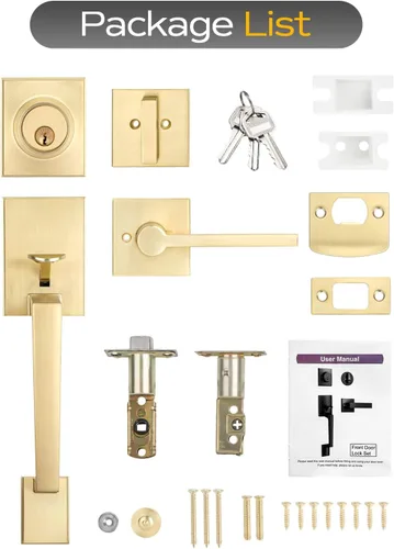 Miniatura 8 de EHOMEWARE Juego de manijas de puerta delantera doradas, palanca de puerta cuadrada resistente de latón y cerrojo de un solo cilindro reversible