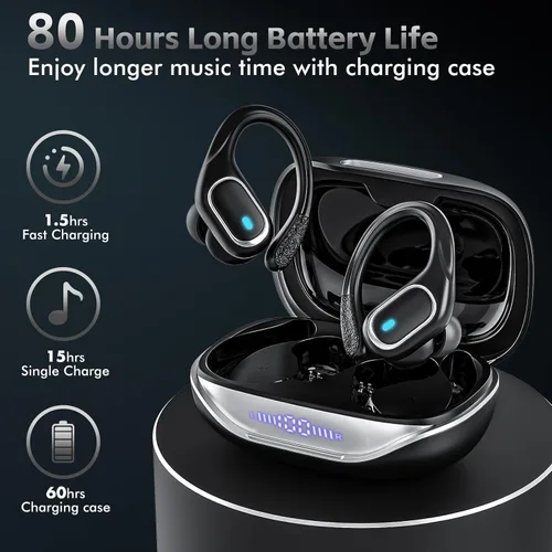 Miniatura 2 de Auriculares inalámbricos Bluetooth 80 horas de reproducción, IPX7, impermeables, funda de carga inalámbrica, ganchos para los oídos (negro)