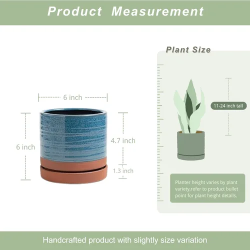 Miniatura 3 de HERDUK Macetas para plantas de 6 pulgadas, maceta de cerámica con orificio de drenaje y platillo, maceta cilíndrica redonda para Azul aguamarina