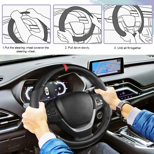 Miniatura 7 de Funda universal de fibra de carbono para volante de automóvil, funda antideslizante transpirable de 15 pulgadas, accesorios interiores de automóvil