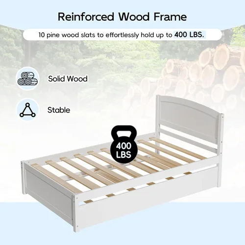 Miniatura 6 de TOLEAD Cama diurna con nido, cama extraíble tamaño twin, cama diurna extensible de madera maciza con cama nido twin, incluye soporte de listones