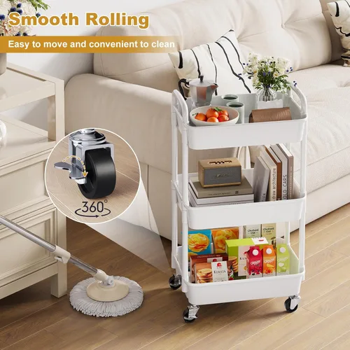 Miniatura 3 de Carrito rodante de 3 niveles con ruedas, carrito de plástico blanco de tres niveles con ruedas con cerradura, carrito organizador de almacenamiento