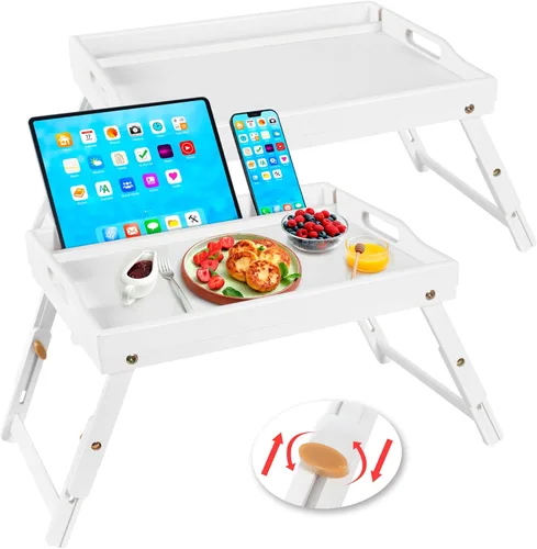 Greenual Paquete de 2 Bandejas de Cama con Asas y Patas Plegables, Bandeja de Bambú para Desayuno con Ranura para Medios, Usar como Bandeja, Blanco