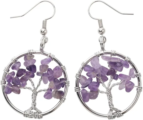 YACQ Pendientes colgantes de árbol de piedras preciosas naturales hechos a mano para mujer