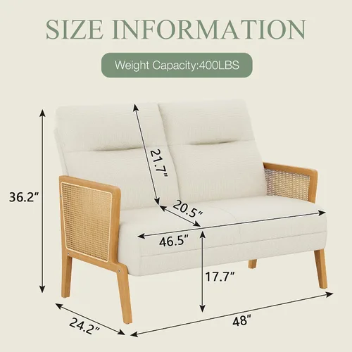 Miniatura 2 de Love Seat - Sofá pequeño tapizado con reposabrazos de ratán natural, respaldo, sofá biplaza para sala de estar, dormitorio, color beige