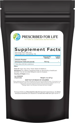 Prescribed For Life Polvo de crisina, 98% polvo de alta pureza, suplementos flavonoides naturales, vegano, sin gluten, sin OMG (2 oz/56 g)