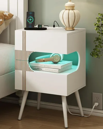 Miniatura 11 de JOONEE Mesita de noche negra con estación de carga y luces LED, moderna mesita de noche con 2 cajones de almacenamiento, mesita de noche con patas
