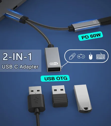 Miniatura 3 de AKWOR Adaptador USB C a USB OTG, divisor USB C 2 en 1 con puerto de carga PD de 60 W y puerto USB 3.0 hembra compatible con iPhone 15 Pro, MacBook