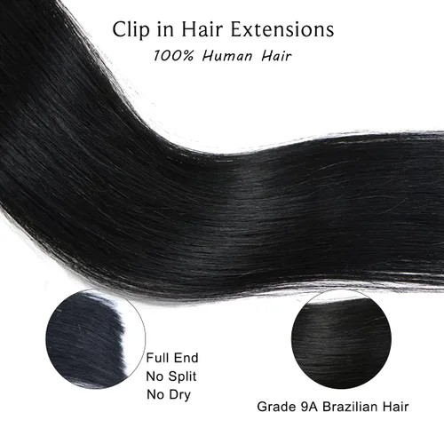 Miniatura 4 de Extensiones de cabello con clip Ubetta de cabello humano real, extensiones de cabello negro azabache con clip, 7 piezas, 70 g, extensiones