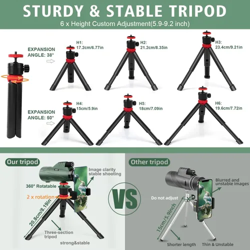 Miniatura 5 de Telescopio monocular de 12 x 56 pulgadas de alta potencia para adultos Viene con adaptador para smartphone, trípode, bolsa de viaje Para