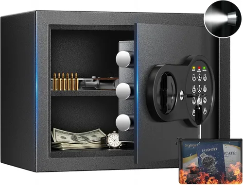 Miniatura 11 de Mitlvge Mini caja fuerte de 0.5 pies cúbicos con bolsa de documentos ignífuga, caja fuerte para dinero con llaves, código de paso y kits de montaje
