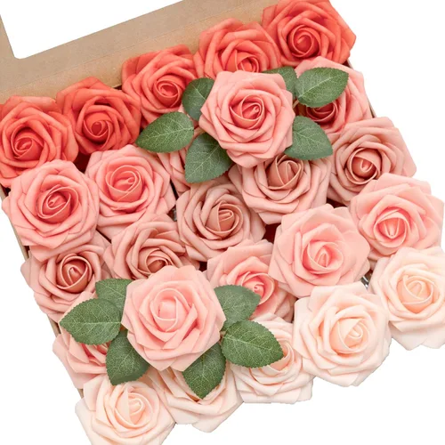 Miniatura 16 de Ling's moment Flores artificiales, 25 piezas de rosas de 3 pulgadas en tonos verde esmeralda, relleno floral de espuma realista para bricolaje