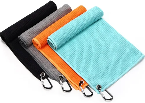 Remagr Paquete de 4 toallas de golf para bolsas de 16 x 16 pulgadas, bolsa de toalla de tela de microfibra con clip, patrón de gofre, accesorios de