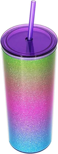 Miniatura 2 de Vaso de acrílico de doble pared con pajilla, diseño de arcoíris y purpurina, 21 oz (morado)