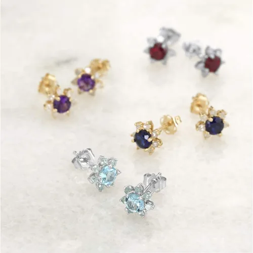 Miniatura 6 de Pendientes de tuerca de oro amarillo o blanco macizo de 14 quilates de 0.157in con piedras preciosas y halo de diamantes