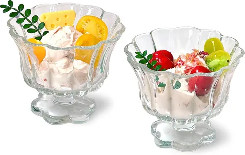 Miniatura 9 de Juego de 2 vasos de helado con pies (transparente), copa de vidrio estilo pétalo de flor, adecuado para jugo, helado, cócteles, postres y más.