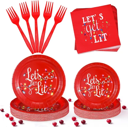 Miniatura 8 de Lounsweer 96 piezas de suministros para fiestas de Navidad, platos de papel y servilletas, juego de vajilla desechable, incluye platos de Navidad