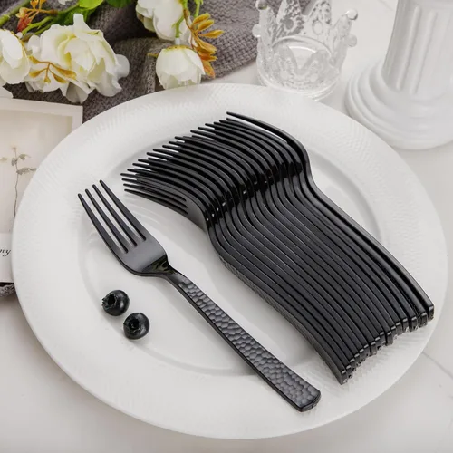 Miniatura 7 de KIRE 400 piezas cucharas y tenedores de plástico negro desechables - Juego de cubiertos de plástico negro desechables - 200 tenedores, 200 cucharas