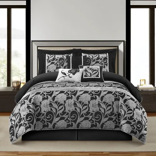 Grand Avenue Juego de edredón negro plateado tamaño Queen, juego de ropa de cama jacquard floral de 7 piezas, para todas las estaciones, ultrasuave,