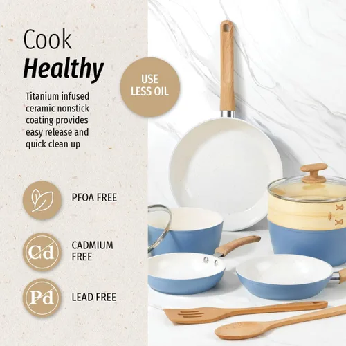 Miniatura 6 de GoodCook Juego de utensilios de cocina de cerámica saludable con infusión de titanio, 10 piezas, color azul claro, ollas, sartenes, vaporera