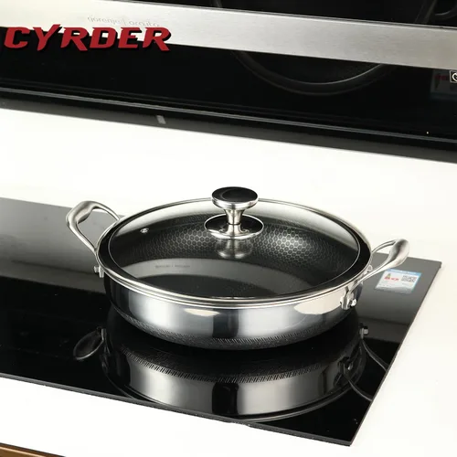 Gran sartén de freír profunda híbrida antiadherente - 13 pulgadas 316L de acero inoxidable con tapa y asa de dos mangos, libre de PFOA, apta para