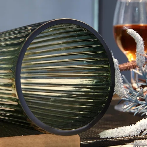Miniatura 2 de Florero cilíndrico pequeño de cristal verde acanalado para decoración de centros de mesa de comedor de granja
