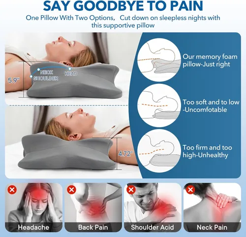 Miniatura 3 de Almohada cervical para aliviar el dolor de cuello, almohada ergonómica de espuma viscoelástica con funda de almohada de seda de hielo, almohada