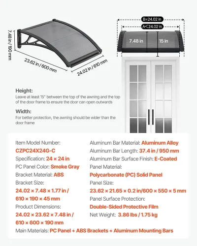 Miniatura 7 de VEVOR Toldo para puerta de entrada, toldo de puerta de ventana de 24 x 24 pulgadas con drenaje y soporte de ABS, cubierta de policarbonato