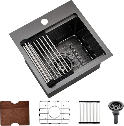 Black-Bokaiya - Fregadero de barra desplegable de 15 x 15 pulgadas, fregadero de cocina pequeño de acero inoxidable, fregadero para exteriores,