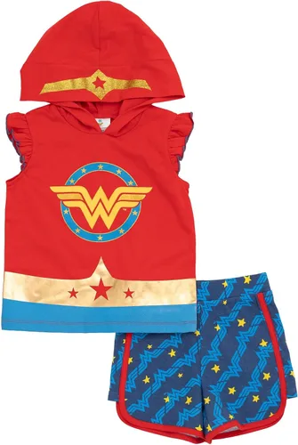 DC Comics Camiseta sin mangas para niñas de la Liga de la Justicia Wonder Woman y Dolphin Active French Terry Shorts de niño a niño grande