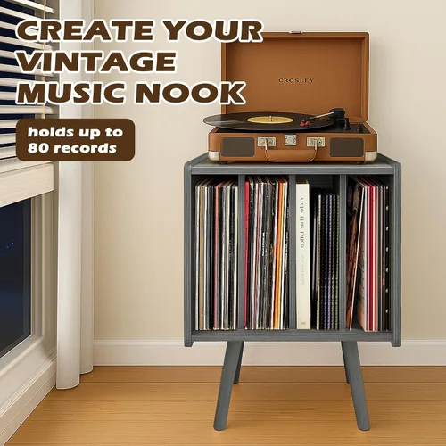 Miniatura 3 de Montex Soporte para tocadiscos, mesa de almacenamiento de discos de vinilo con 4 gabinetes, soporte giratorio moderno de mediados de siglo, mesa
