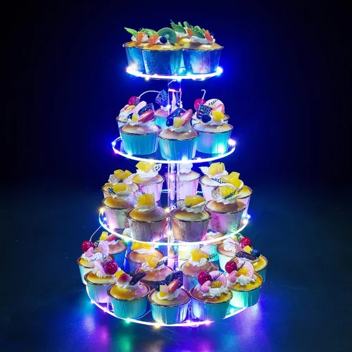 Miniatura 21 de Soporte para Cupcakes, Soporte Redondo para Cupcakes de 4 Niveles con Tira de Luces LED, Torre de Exhibición de Cupcakes de Acrílico para Bodas, Azul