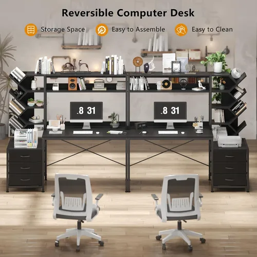 Miniatura 7 de YOMILUVE Escritorio reversible para computadora con gabinete, escritorio de oficina en casa con cajones y estantería, escritorio de estudio de 52