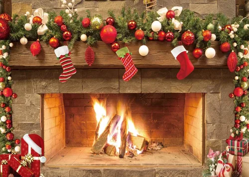 Miniatura 5 de Telón de fondo de chimenea navideña de 7 x 5 pies – Escena festiva de repisa de chimenea con medias, adornos y fuego – Banner de decoración navideña