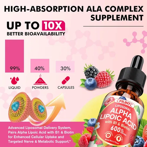Miniatura 6 de CFILIHTC Gotas de ácido alfa lipoico liposomal de 600 mg - Suplemento líquido de ácido alfa lipoico con biotina y vitamina B1 - Apoya antioxidante