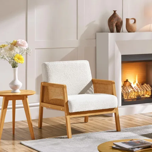 Miniatura 6 de Yaheetech Silla decorativa, sillón moderno de ratán, cómoda silla de lino con patas de madera para sala de estar, dormitorio, sala de lectura, Beige