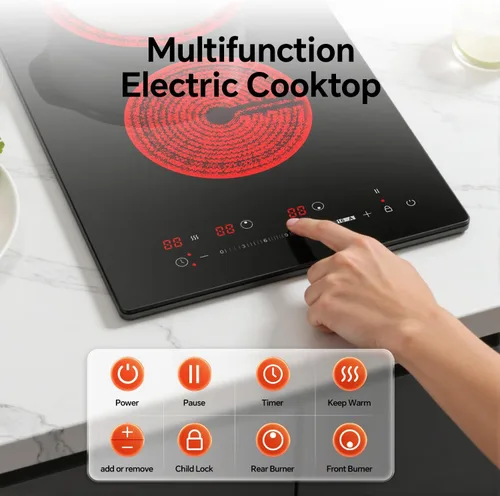 Miniatura 6 de Ranein Placa eléctrica de 12 pulgadas y 2 quemadores, máximo 3000 W 240 V, panel de cerámica integrado, estufa eléctrica integrada, con bloqueo