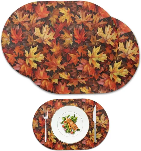 Miniatura 19 de Non Slip Placemats Set of 6 Pumpkin Mushroom Theme Waterproof Wipeable Faux Leather for Thanksgiving Family Feast Heat Resistant Dining Table Mats